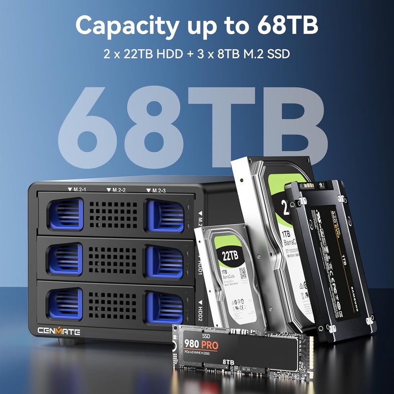 cenmate Hybrid 2*2.5/3.5" SATA HDD/SSD+3* M / B+M Key M.2 NVMe Enclosure with Cooling Fan and USB A/C 3.2 Gen 2, Hard Drive Enclosure Support 68TB(2*22TB HDD+3*8TB 2230/2242/2260/2280/22110 SSDs) - Image 3